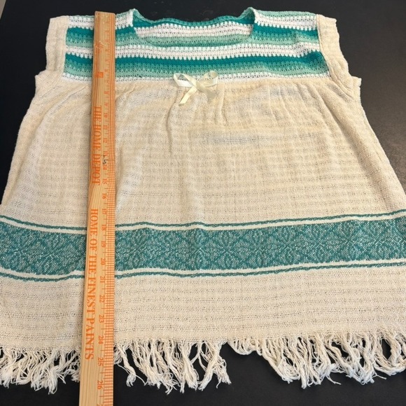 Womens Handmade Teal‎ Beige Crochet Woven Fringe Cap Sleeve Hippie Peasant Top M - Picture 6 of 7